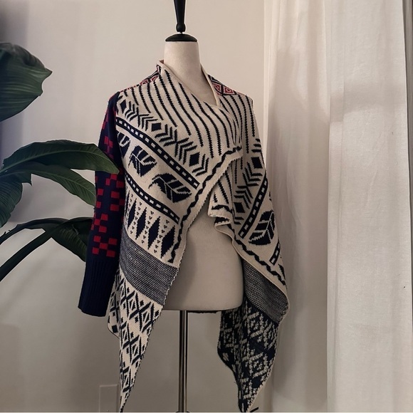 𝅺Double Zero Southwestern Knit Red Navy Blue Open Front Slouchy Chunky Cardigan - Picture 4 of 9